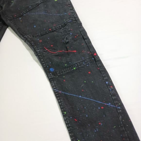 FWRD Denim 42 black skinny jeans paint splatter effect inseam 34 inset knees - Picture 5 of 12